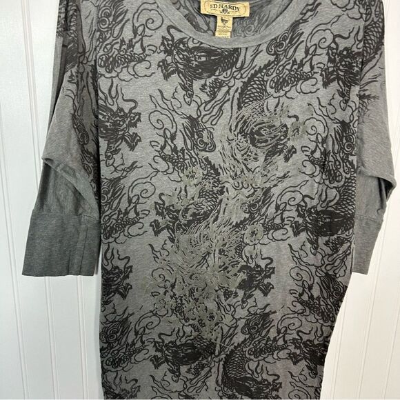 ed hardy Top Small Grey Dragon Burnout Dolman Sleeve Y2K - Picture 3 of 8